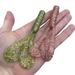 Leurre souple handmade – Double Grub 11 cm – 10 g – x2 Chartreux / Shiny Orange Gold